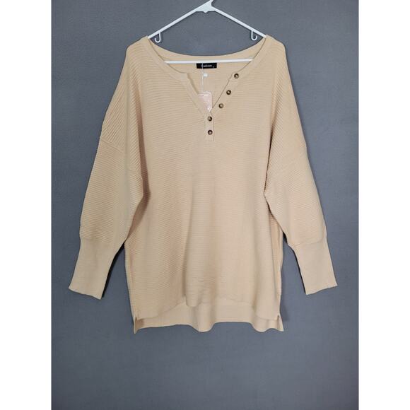 Womens Waffle Knit Sweatshirt Casual Loose Long Sleeve Henley Button V Neck XL - Picture 1 of 10